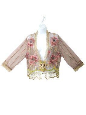 Lee Andersen Jacket M Wearable Art Sheer Vtg Floral Beaded Fringe Lagenlook Boho